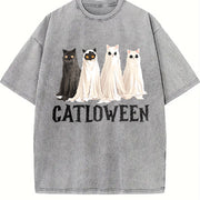 Catloween Cat Costume Vintage Washed T-Shirt in Gray