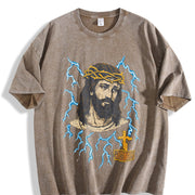 Jesus Lightning 90s Vintage Washed T-Shirt in Brown