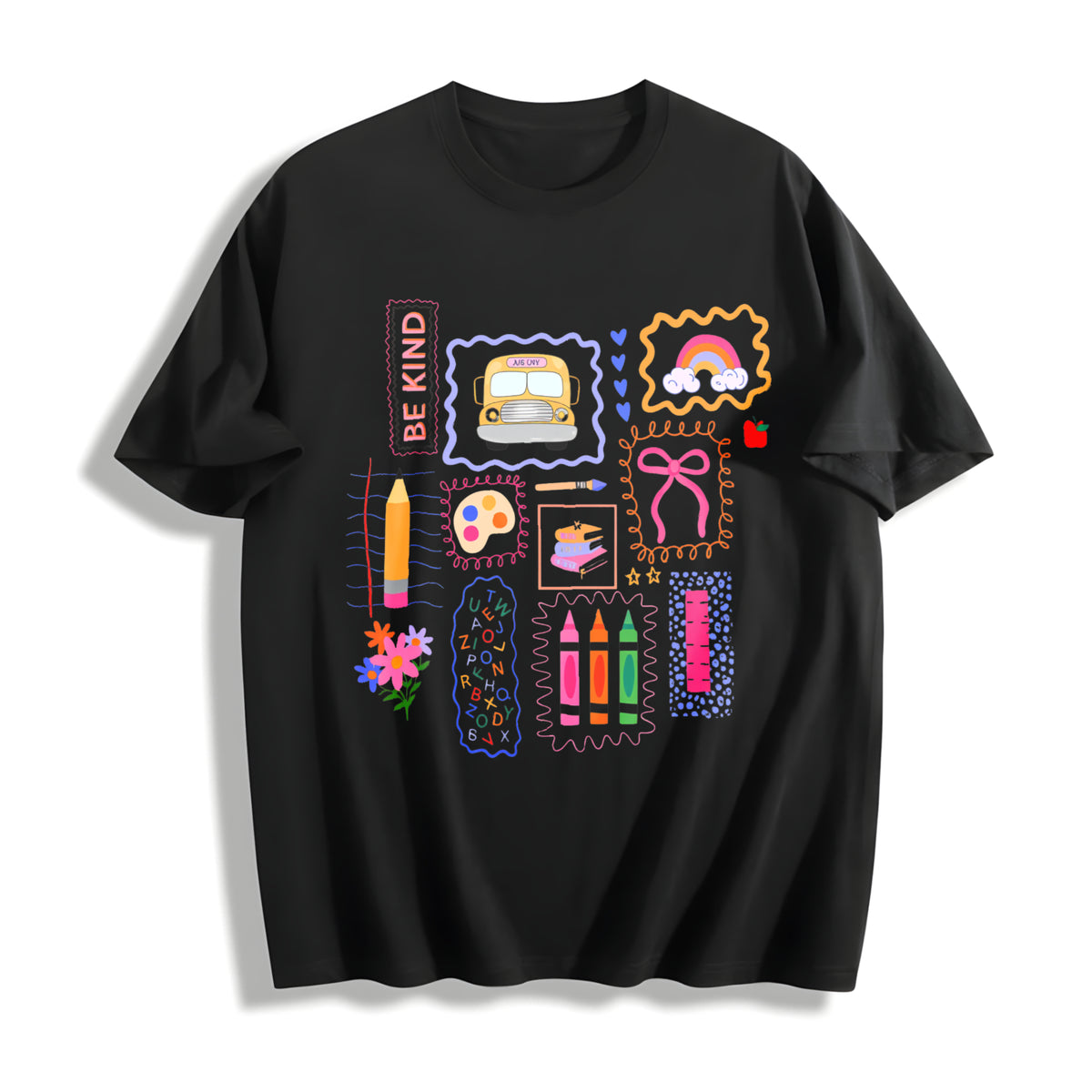 Teacher Colorful Doodle Back to School Cotton T-Shirt in Black