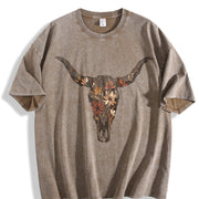 Brushstroke Floral Western Cow Skull Cowboy Graphics Vintage Washed T-Shirt in Brown