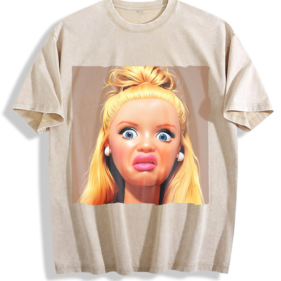 & Retro Doll with Doll Vintage Washed T-Shirt in Beige