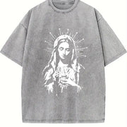 Catholic Icon Guadalupe and Sacred Heart Vintage Washed T-Shirt in Gray