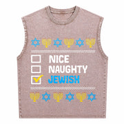 Nice Naughty Jewish Ugly Hanukkah Chanukah Jew Vintage Washed Tank Top in Brown