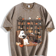 Retro Ghost Reading Books Vintage Washed T-Shirt in Brown