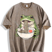 Frog Ramen Retro Frog Eating Noodles Vintage Washed T-Shirt in Brown