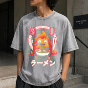 Howl’s Moving Castle Calcifer Ramen – Ghibli Vintage Washed T-Shirt in Gray