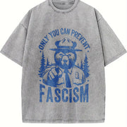 Retro Only You Can Prevent Fascism Raccoon Vintage Washed T-Shirt in Gray