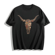 Brushstroke Floral Western Cow Skull Cowboy Graphics Cotton T-Shirt in Black
