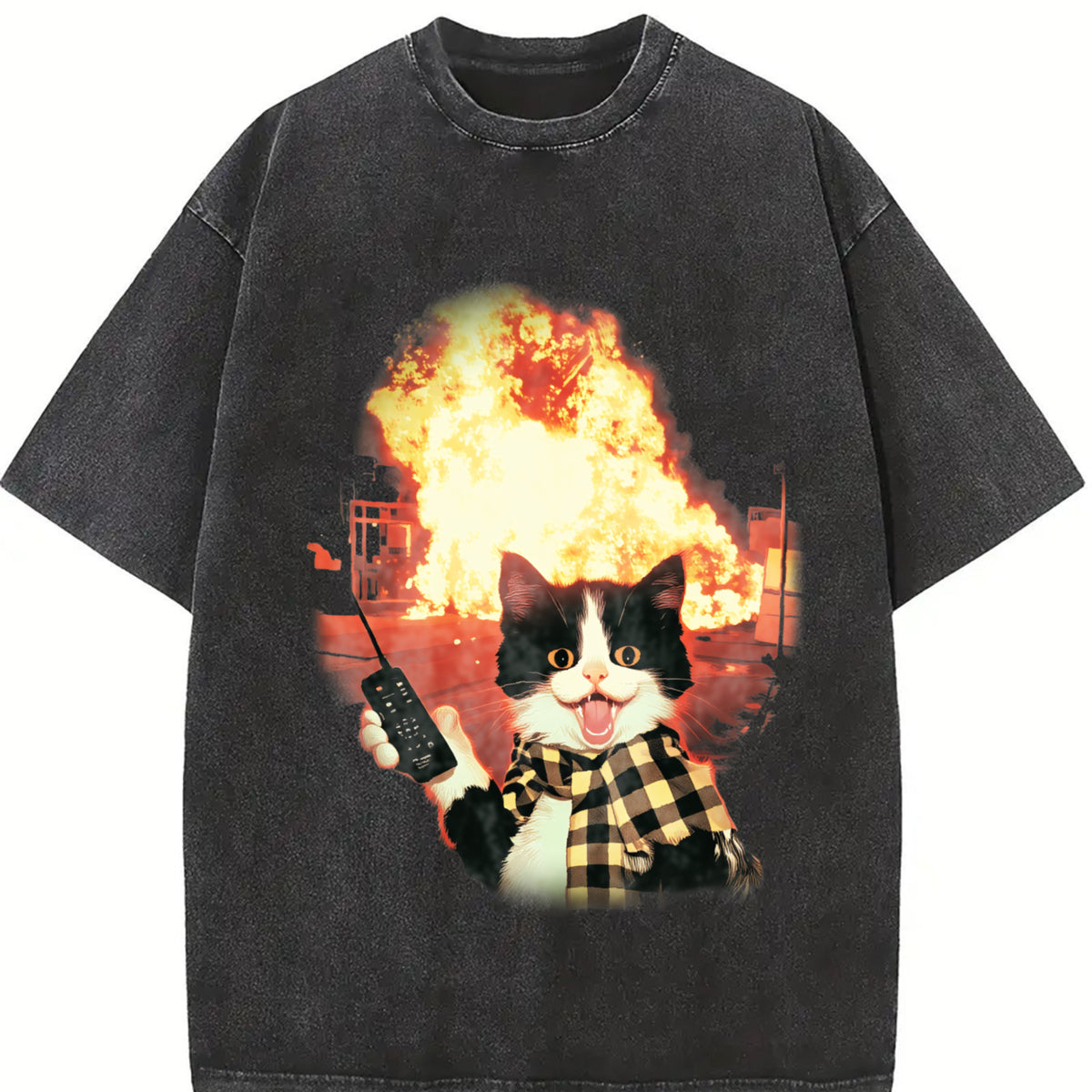 Explosion Cat Vintage Washed T-Shirt in Black
