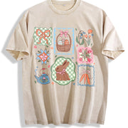 Coquette Easter Bow & Bunny Patchwork vintage washed oversized T-shirt in Beige