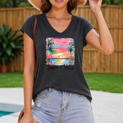 Sleeveless V-neck a Sunset with Palm Trees and the Words ' Women's Color Cotton Tank Top in Gray
