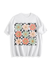 Retro Checkered Flower Cotton T-Shirt in White