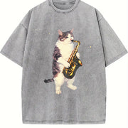 Saxophone Cat Retro Jazz Music Cats Vintage Washed T-Shirt in Gray