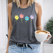 Colorful Flowers and Sunshine Text Crew-neck Sleeveless Women's Color Cotton Tank Top in Gray