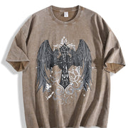 Gothic Angel & Cross Back Dark Grey/Black Retro for vintage washed oversized T-shirt in Brown