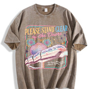Retro Please Stand Clear of the Doors Vintage Washed T-Shirt in Brown