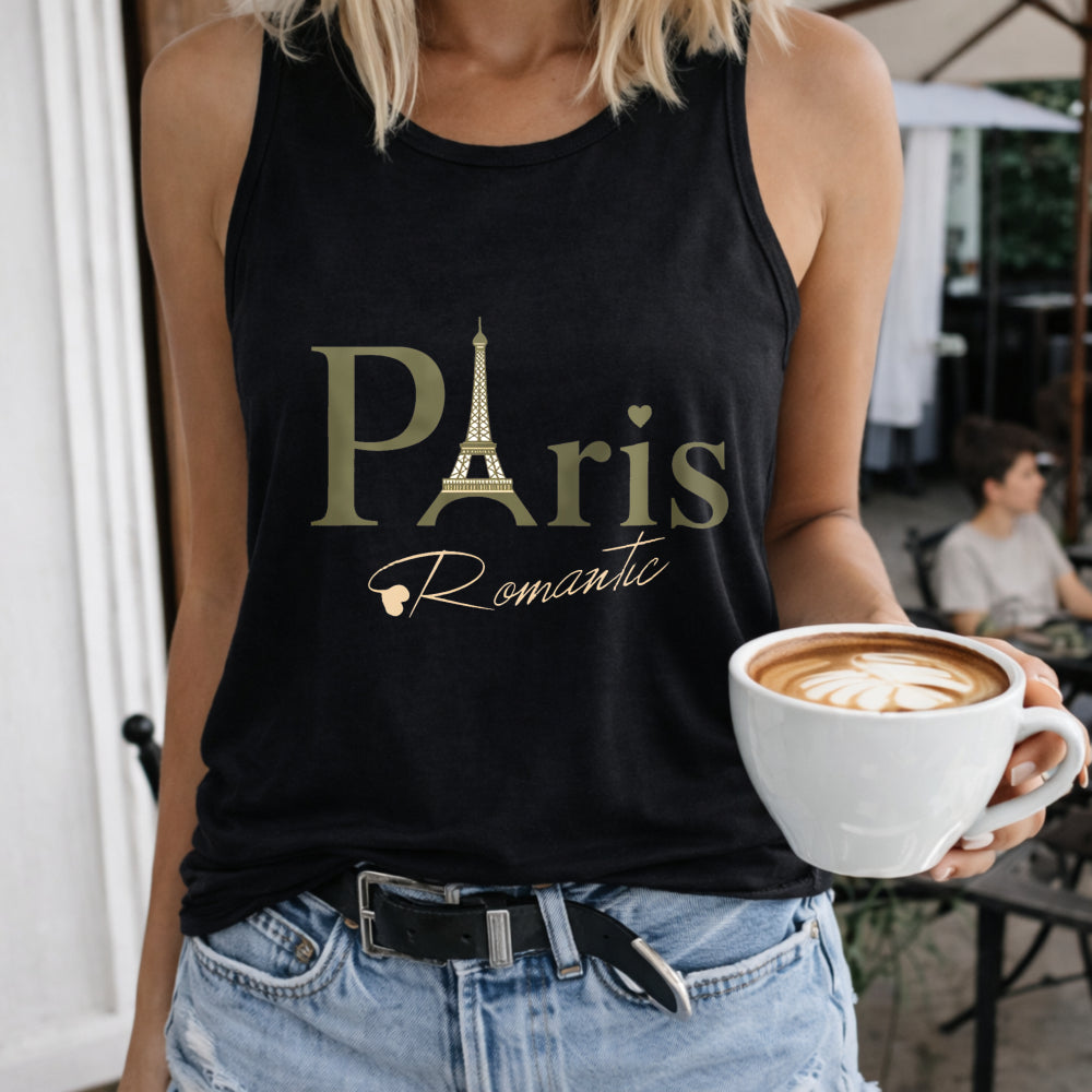 Paris Romantic Eiffel Tower Heart Crew-neck Sleeveless Women's Color Cotton Tank Top in Black