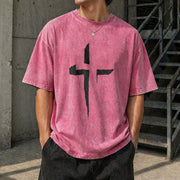 Patterned Cross Vintage Washed T-Shirt in Red