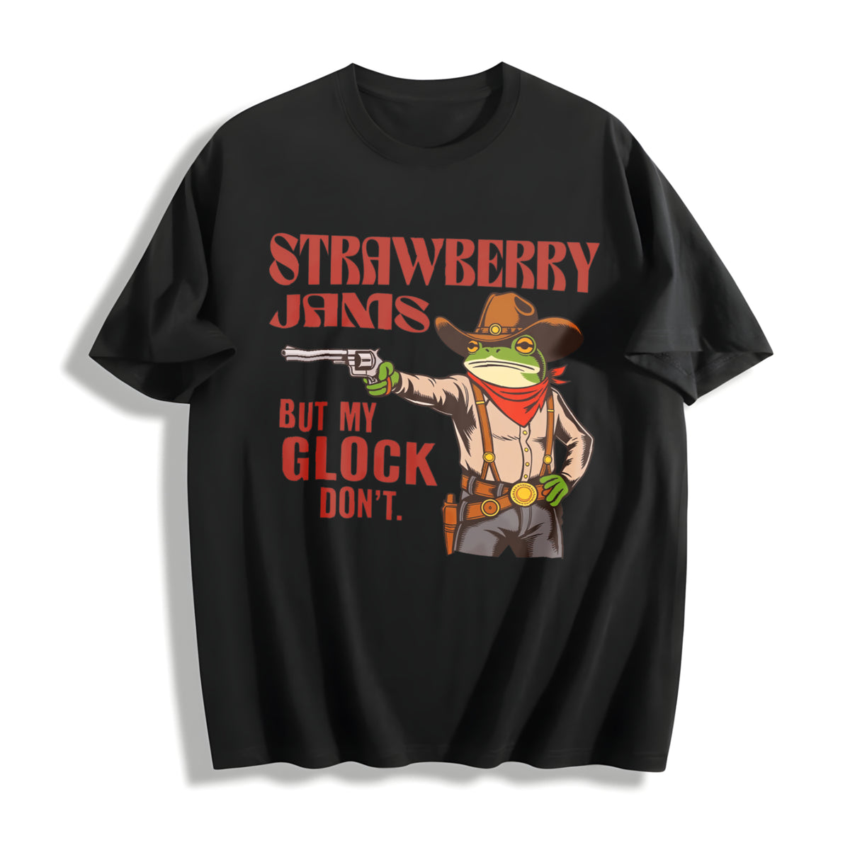 Strawberry Jams but My Glock Don't Frog Meme Western Cotton T-Shirt in Black