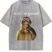 Wait I'm Goated Thinking Monkey Meme Brainrot Vintage Washed T-Shirt in Gray