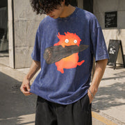 Calcifer's Howl's Moving Castle Vintage Washed T-Shirt in Blue