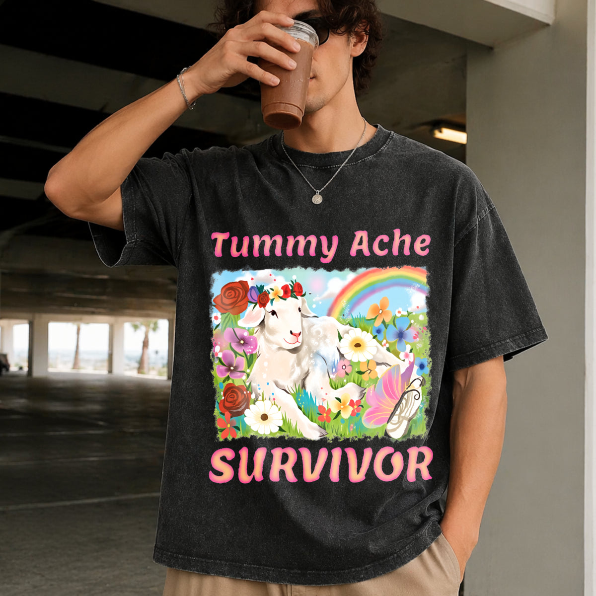 Tummy Ache Survivor Lamb Vintage Washed T-Shirt in Black