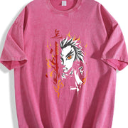 Demon Slayer Kyojuro Rengoku Anime Vintage Washed T-Shirt in Red