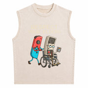 Retro Gamer Console Old School Gaming Lover Unique Humor Vintage Washed Tank Top in Beige