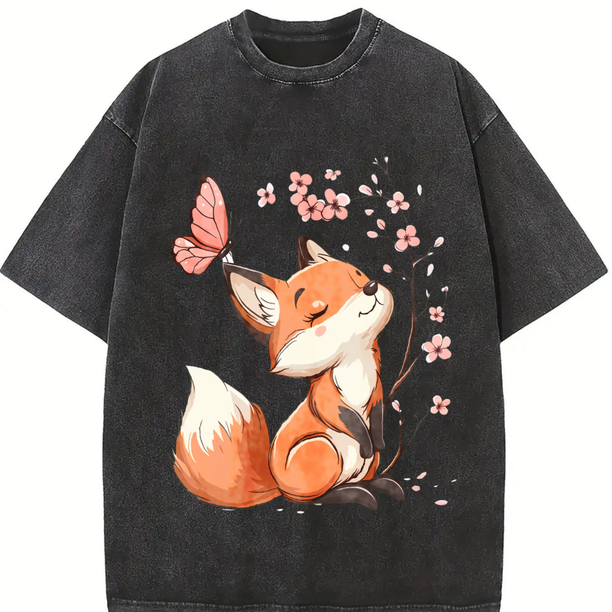Floral Butterfly Fox Vintage Washed T-Shirt in Black