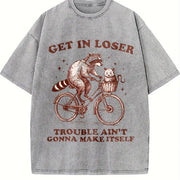 Get in Loser Raccoon Cat Animal Vintage Washed T-Shirt in Gray