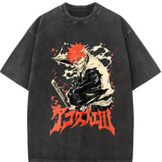 Retro Ichigo Kurosaki Rage Bankai Bleach Anime Manga vintage washed oversized T-shirt in Black