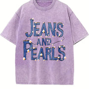 Pearl Patterned Round-neck Loose Vintage Washed T-Shirt in Purple