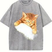Sleeping Kitten Cat Lover Vintage Washed T-Shirt in Gray
