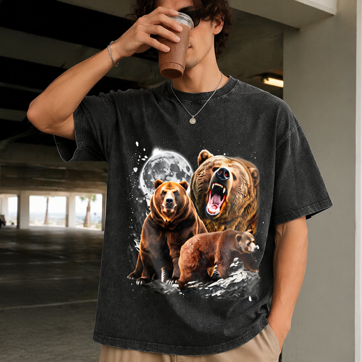 Bears and Moon Vintage Washed T-Shirt in Black