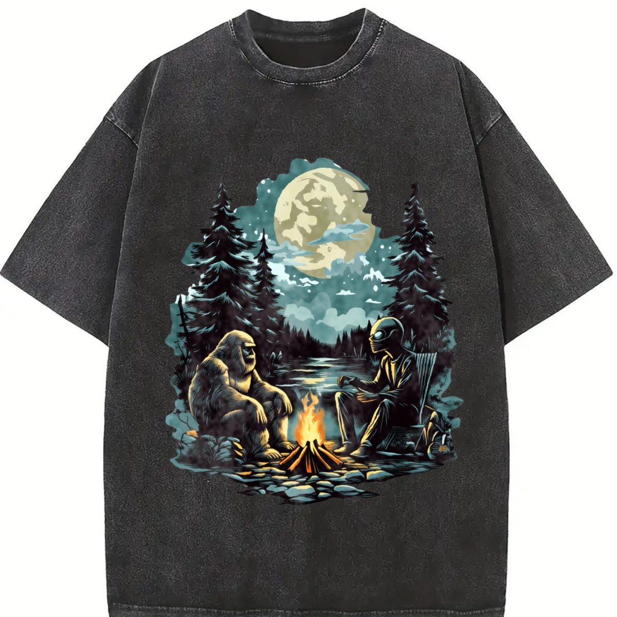 Retro Bigfoot and Alien 90s Vintage Washed T-Shirt in Black