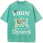 Vibin' with My Demons Skeleton vintage washed oversized T-shirt in Blue
