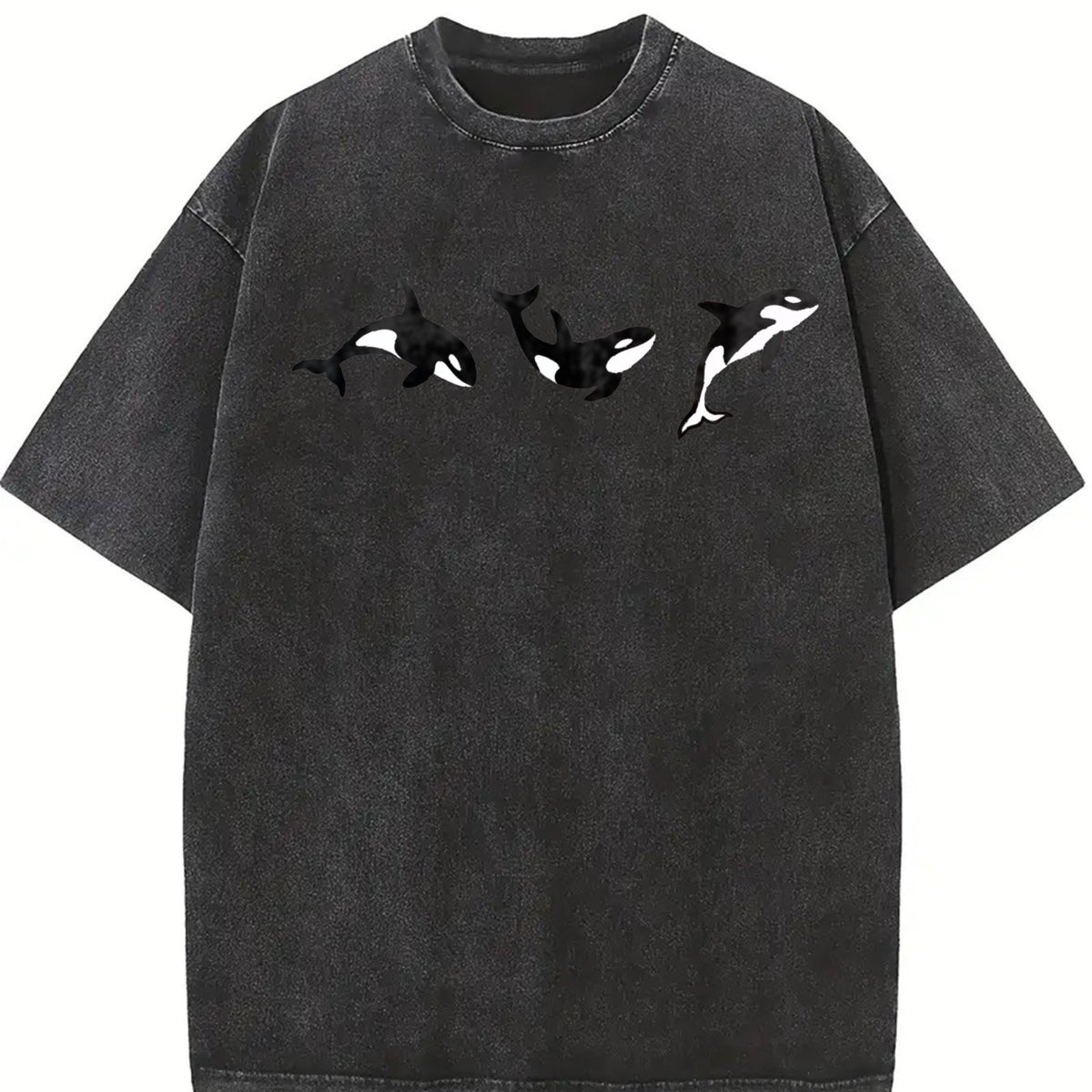 Orca Embroidered Ocean Animal Lover Vintage Washed T-Shirt in Black