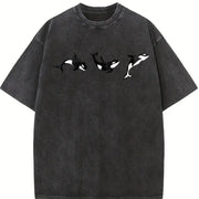 Orca Embroidered Ocean Animal Lover Vintage Washed T-Shirt in Black