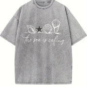 Nautical Ocean Call & Starfish Beach Vintage Washed T-Shirt in Gray
