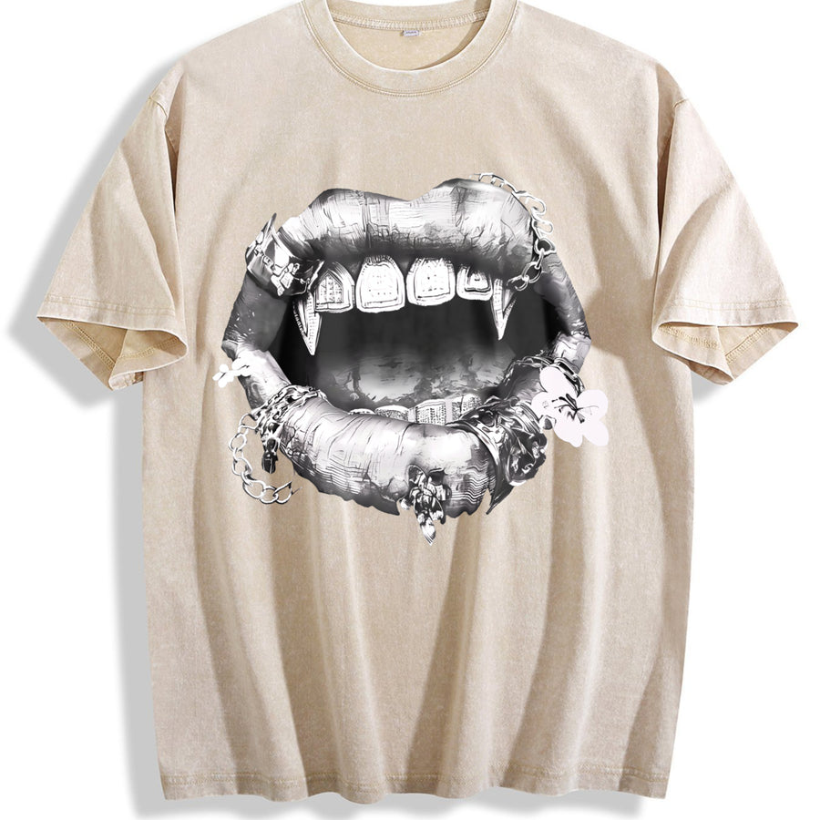 Grillz Lips Chain Sleeveless Vest Vintage Washed T-Shirt in Beige