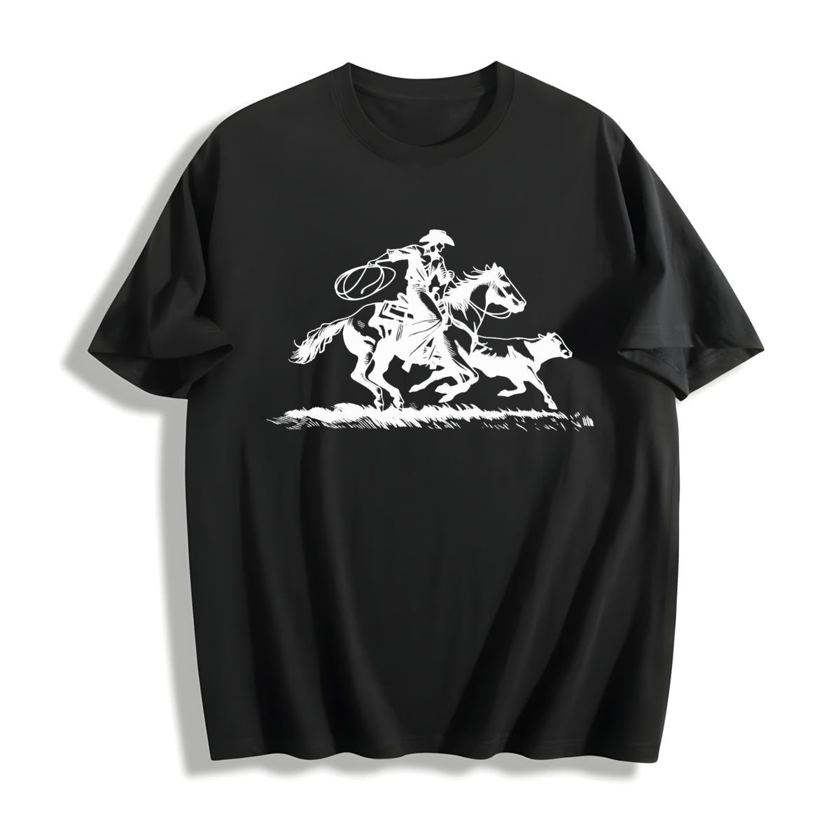 Cowboy Roping Western Retro Western Country Western Rodeo Cotton T-Shirt in Black