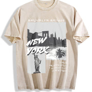 New York City Brooklyn Bridge Vintage Washed T-Shirt in Beige