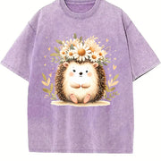 Hedgehog & Daisy Blouse with Cute Hedgehog & Floral Vintage Washed T-Shirt in Purple