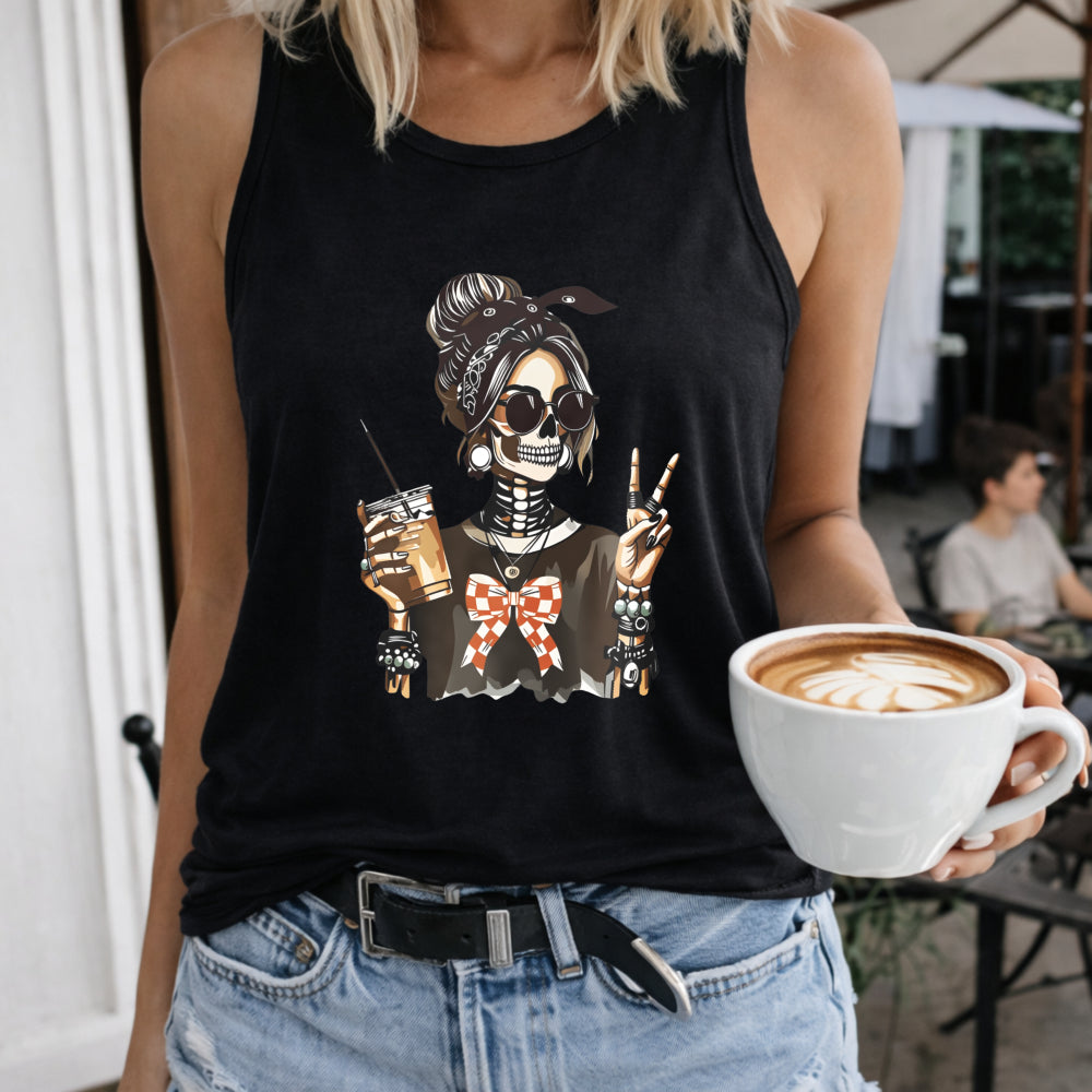 Skeleton with Coffee and Bow Crew-neck Sleeveless Vest Women's Color Cotton Tank Top in Black
