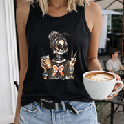 Skeleton with Coffee and Bow Crew-neck Sleeveless Vest Women's Color Cotton Tank Top in Black