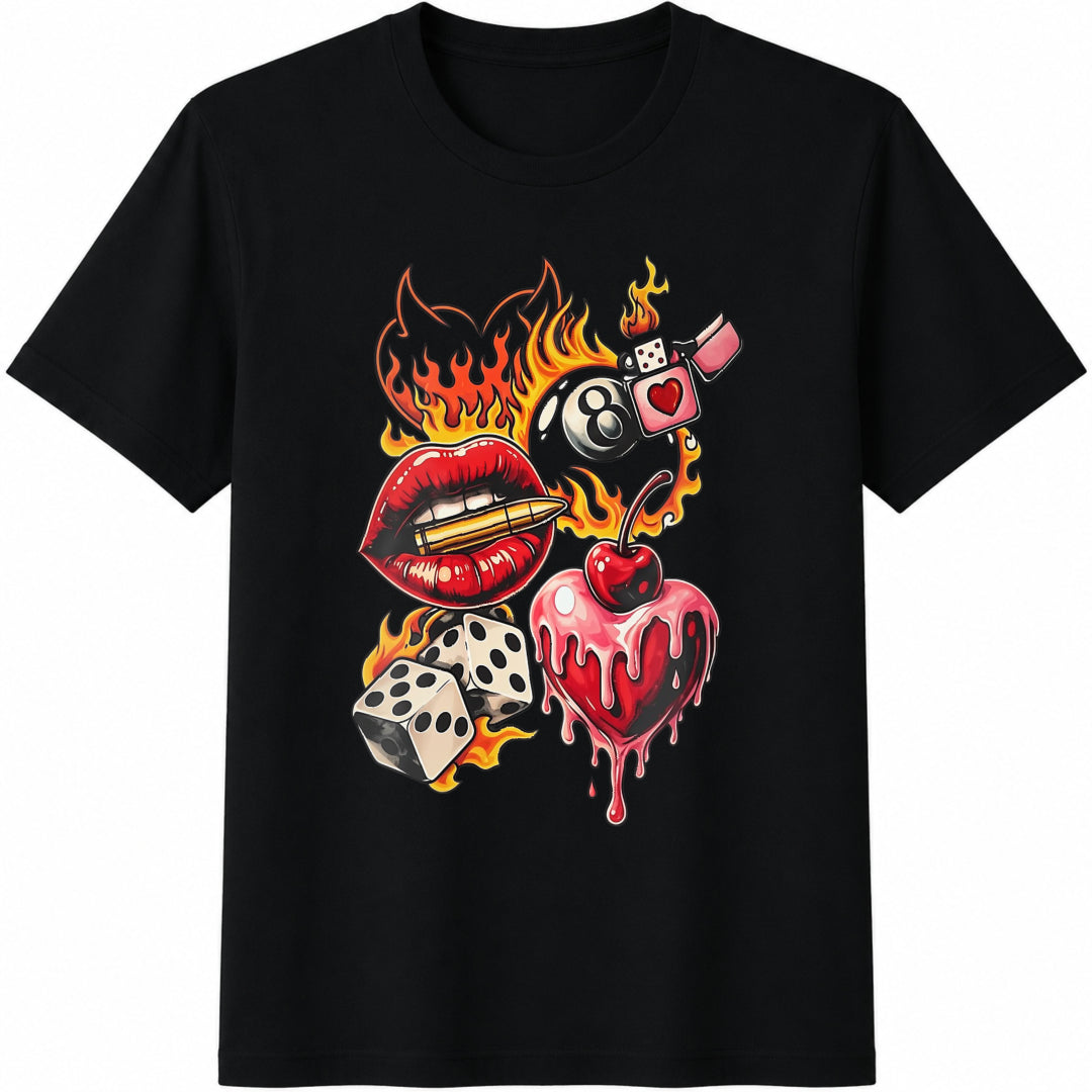 Retro Love Neo Traditional Tattoo Cotton T-Shirt in Black