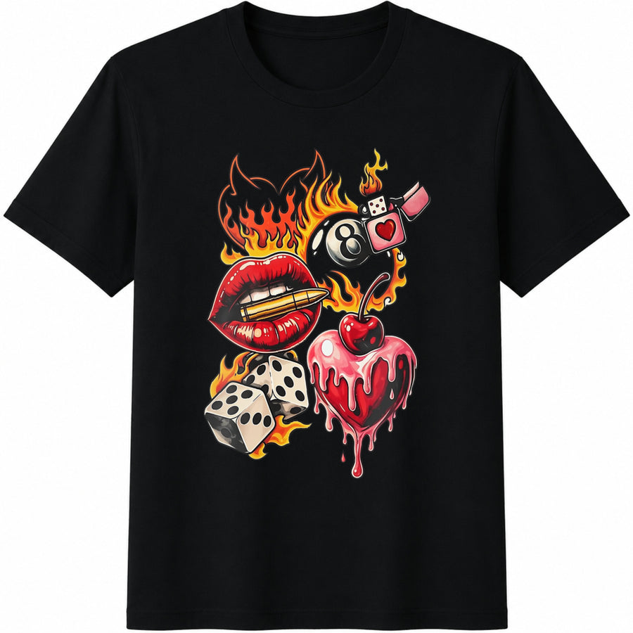 Retro Love Neo Traditional Tattoo Cotton T-Shirt in Black