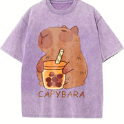 Cute Capybara & Capybara Tea Vintage Washed T-Shirt in Purple