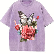 Elegant S Floral Soft Breathable Pink Rose and Green vintage washed oversized T-shirt in Purple