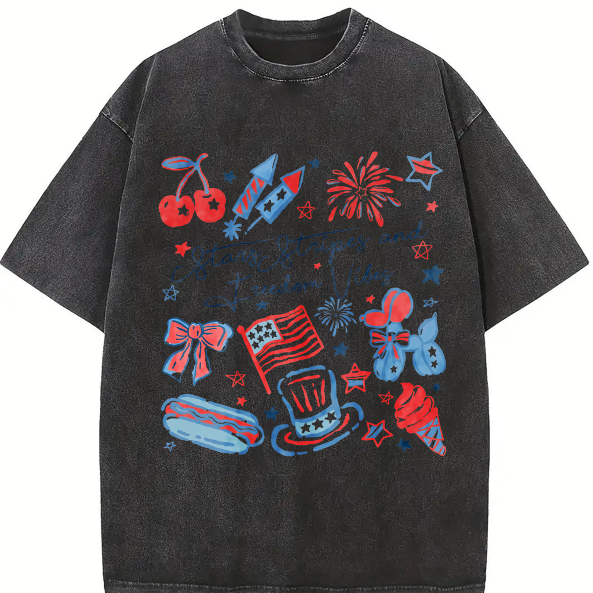 Stars Stripes and Freedom Vibes Vintage Washed T-Shirt in Black